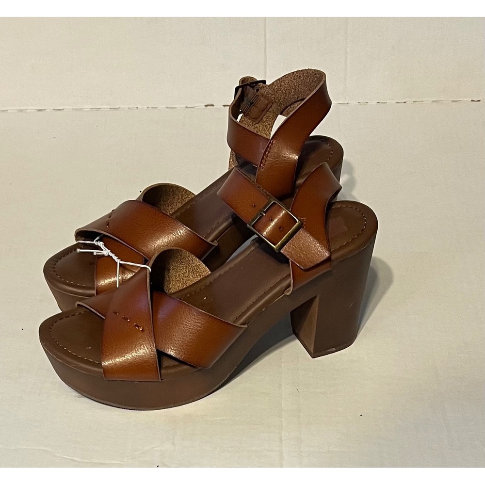 Epic Step Brown Platform Sandals Heels Ankle Strap Cross Band Womens Size 7.5